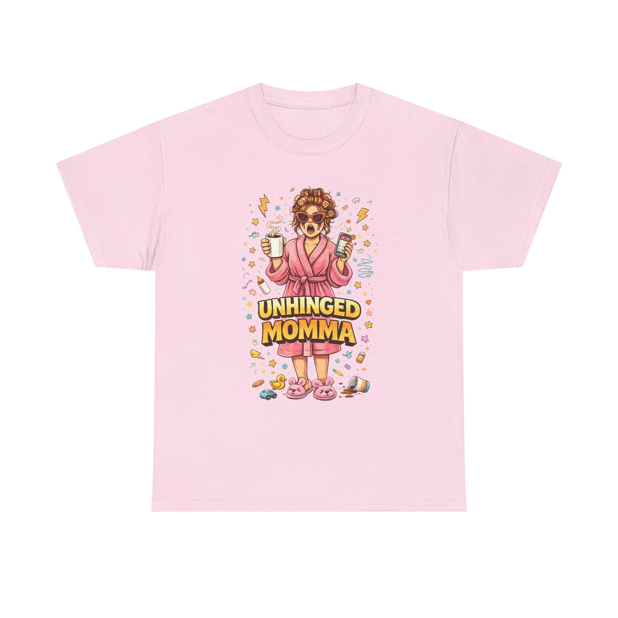 Unhinged Momma T-Shirt | Funny Mom Cartoon, Coffee Wine, Spa Robe Graphic