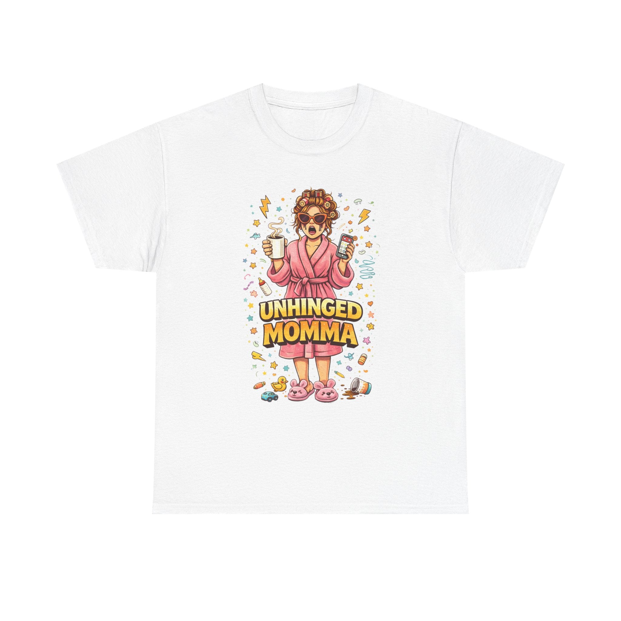 Unhinged Momma T-Shirt | Funny Mom Cartoon, Coffee Wine, Spa Robe Graphic