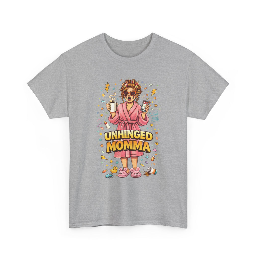 Unhinged Momma T-Shirt | Funny Mom Cartoon, Coffee Wine, Spa Robe Graphic