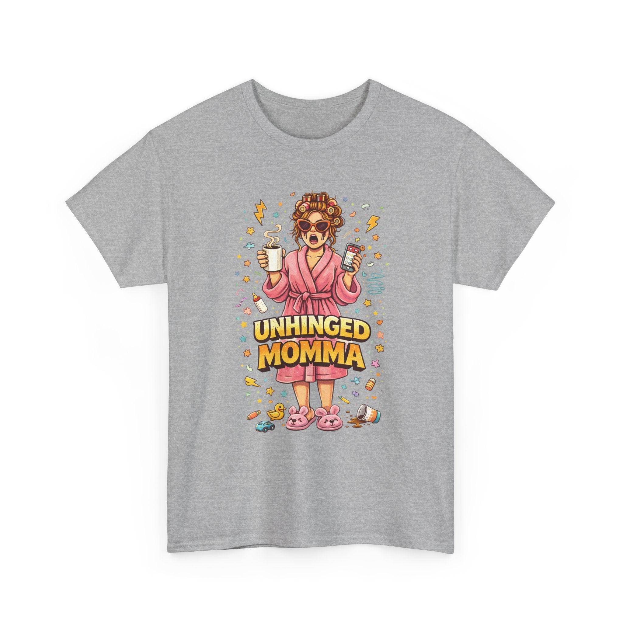 Unhinged Momma T-Shirt | Funny Mom Cartoon, Coffee Wine, Spa Robe Graphic