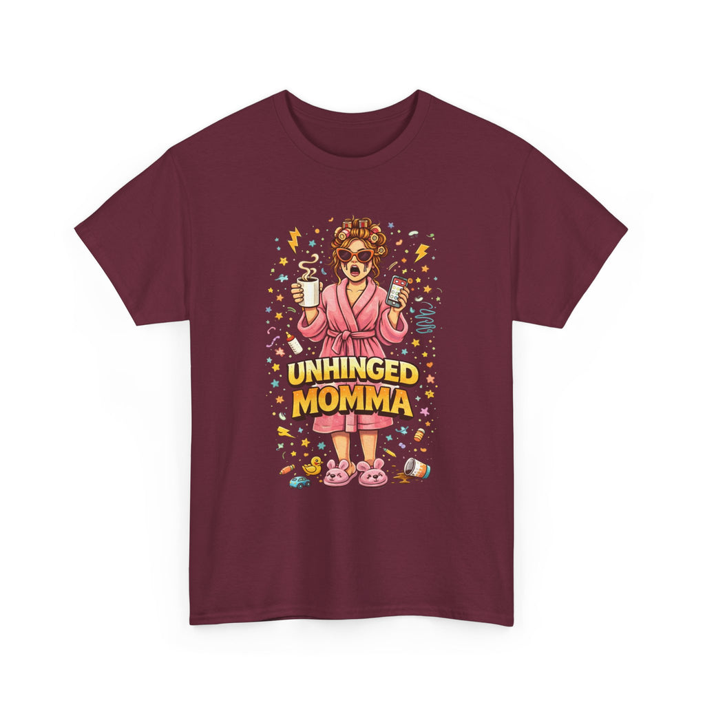 Unhinged Momma T-Shirt | Funny Mom Cartoon, Coffee Wine, Spa Robe Graphic