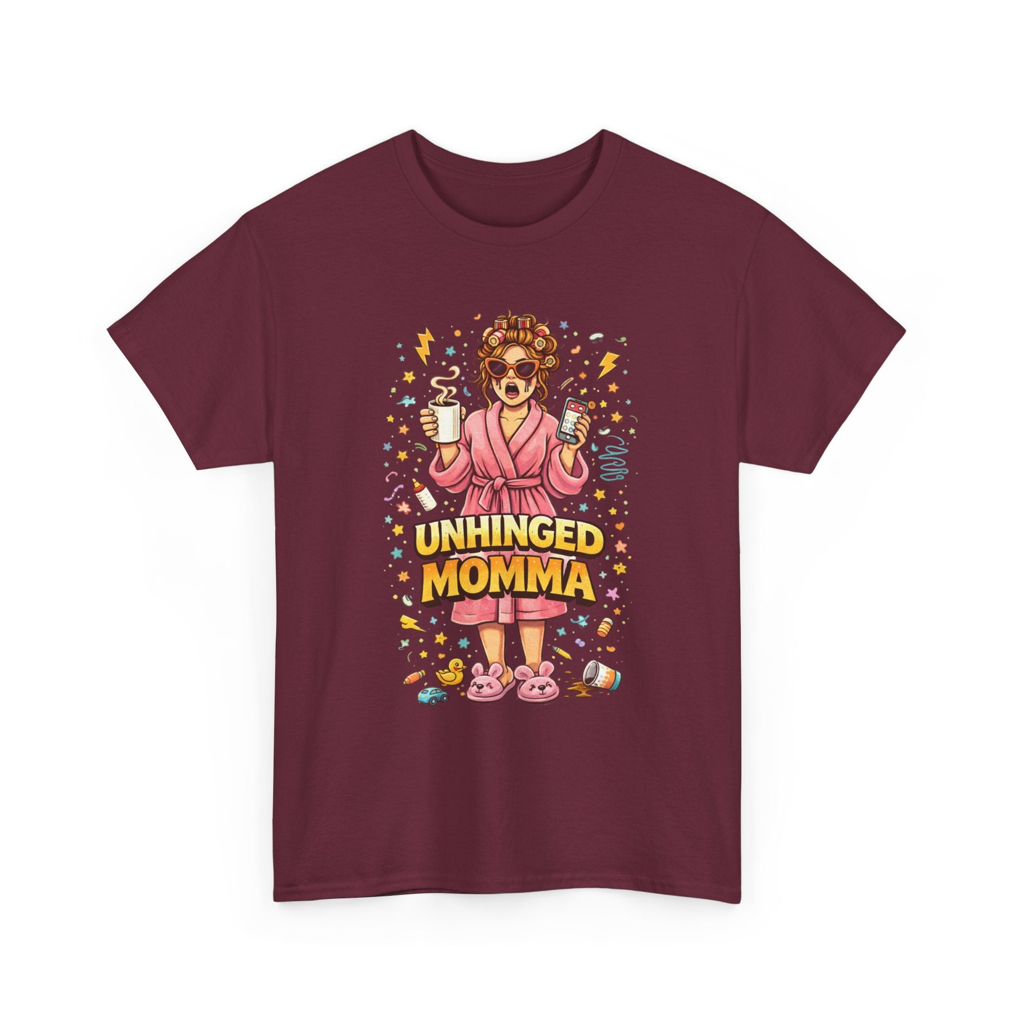 Unhinged Momma T-Shirt | Funny Mom Cartoon, Coffee Wine, Spa Robe Graphic