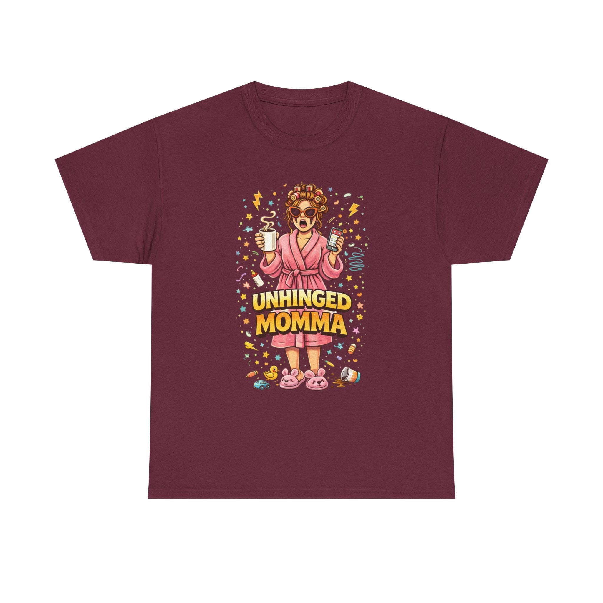 Unhinged Momma T-Shirt | Funny Mom Cartoon, Coffee Wine, Spa Robe Graphic