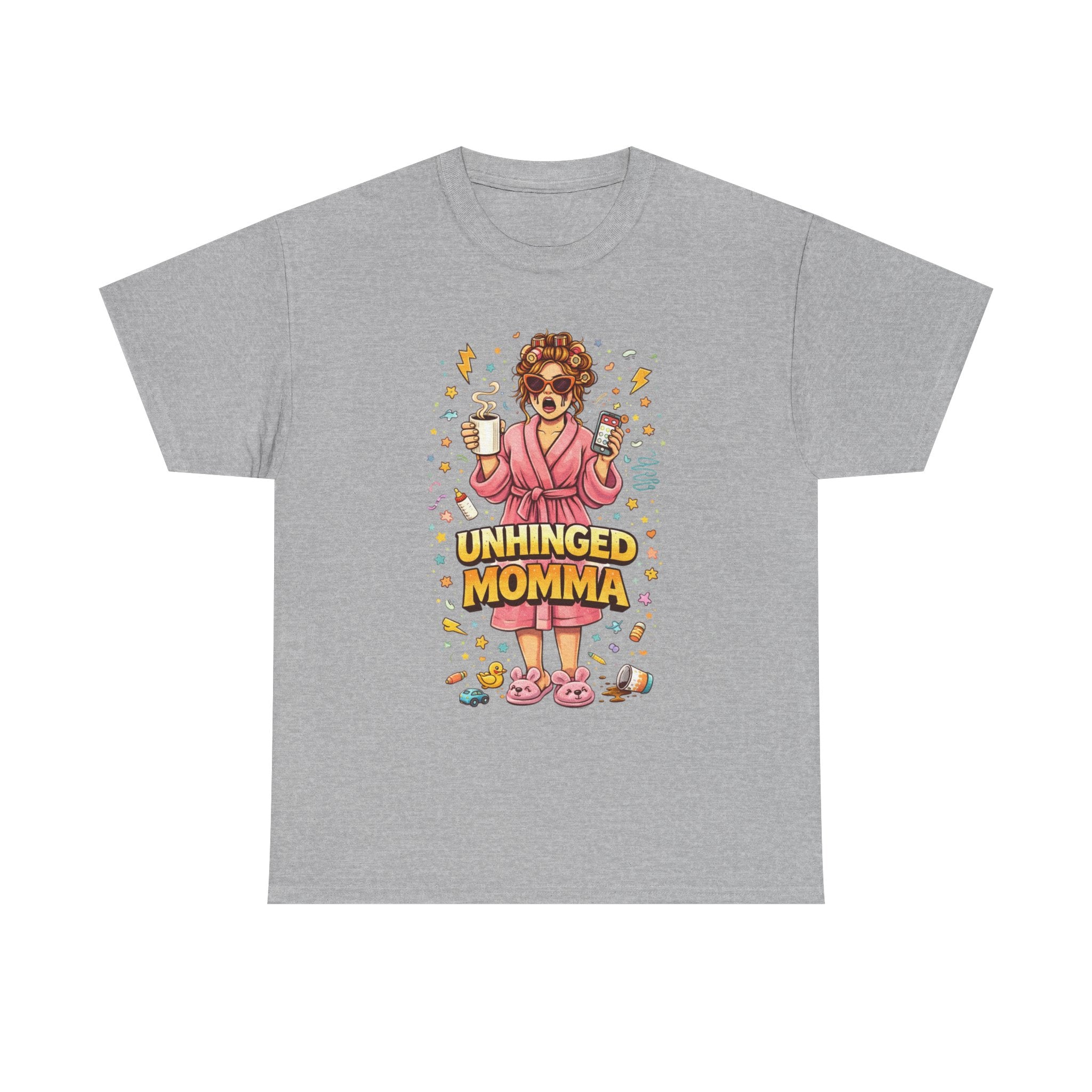 Unhinged Momma T-Shirt | Funny Mom Cartoon, Coffee Wine, Spa Robe Graphic