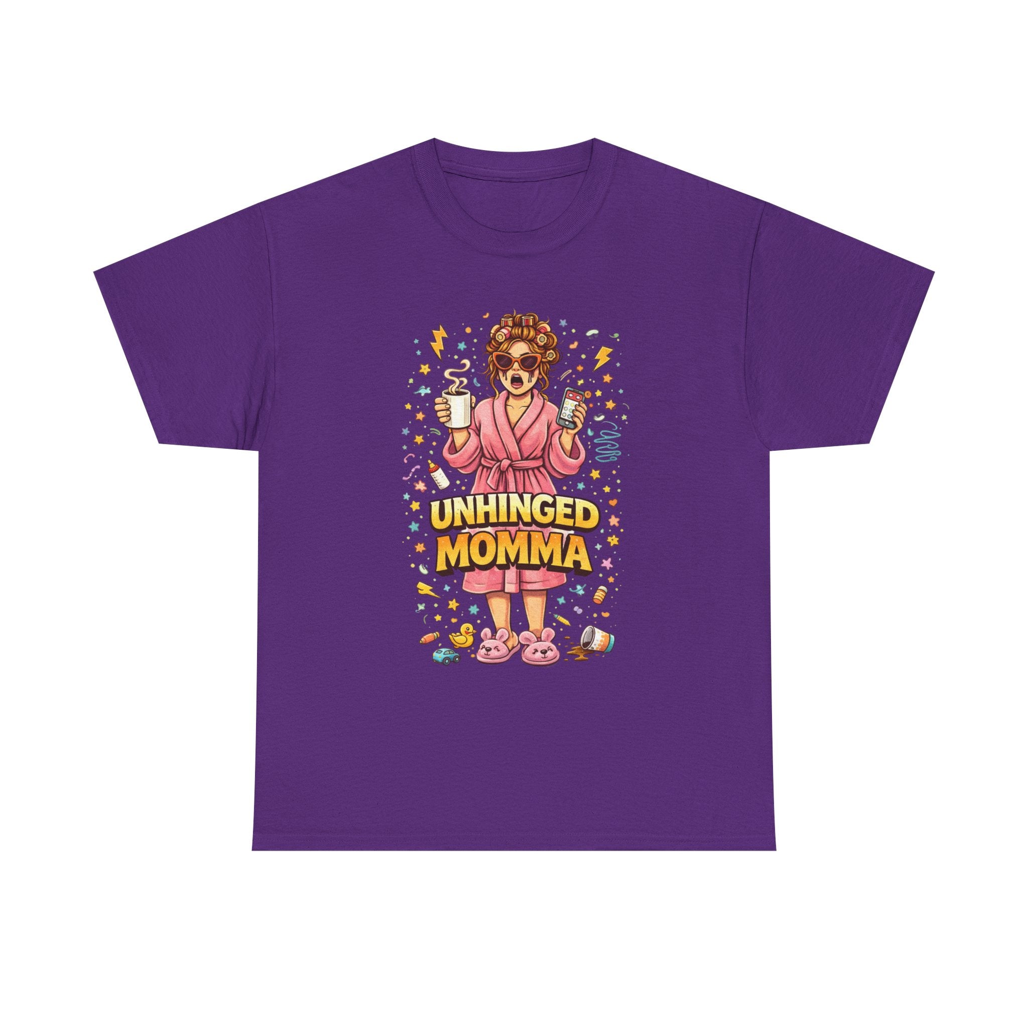Unhinged Momma T-Shirt | Funny Mom Cartoon, Coffee Wine, Spa Robe Graphic