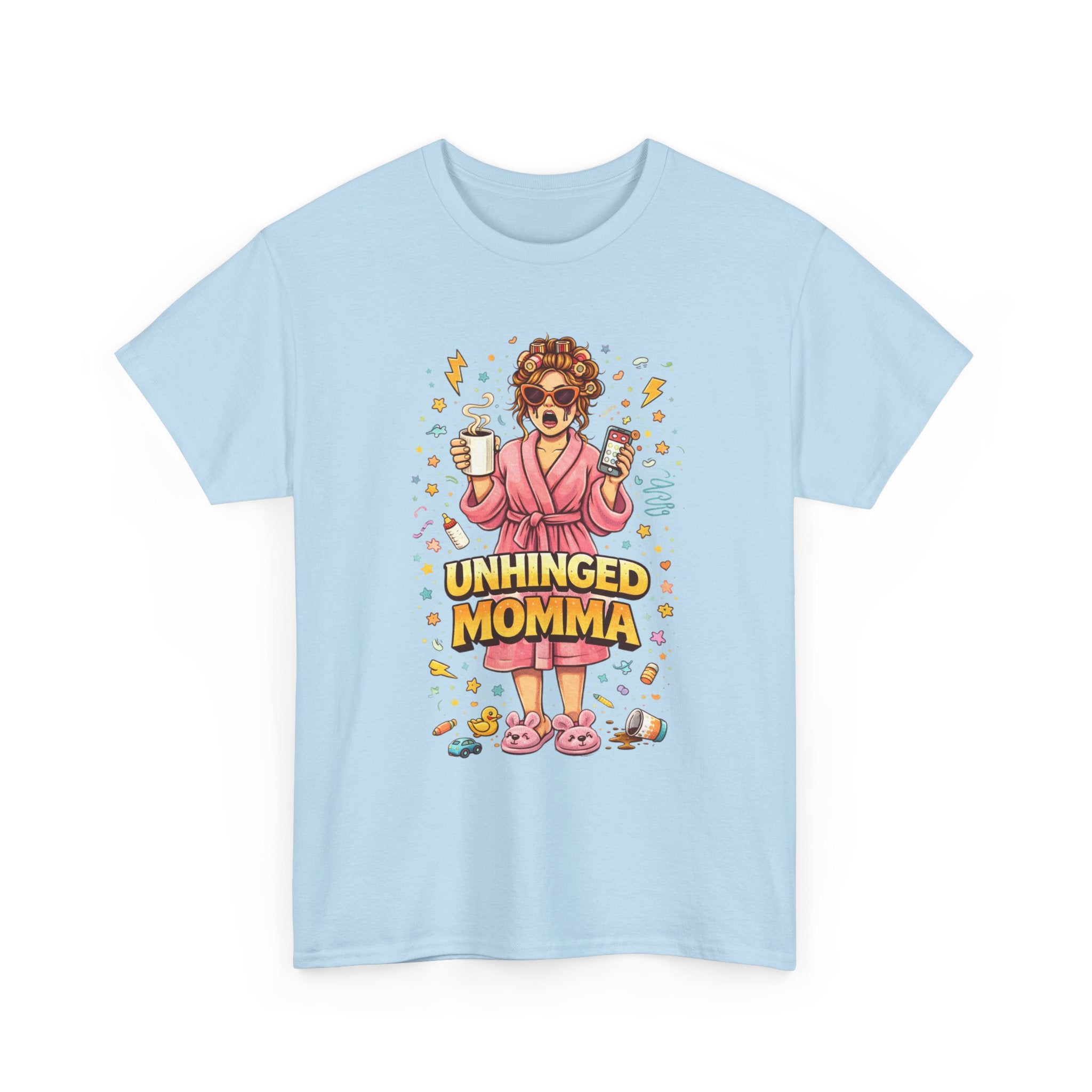Unhinged Momma T-Shirt | Funny Mom Cartoon, Coffee Wine, Spa Robe Graphic