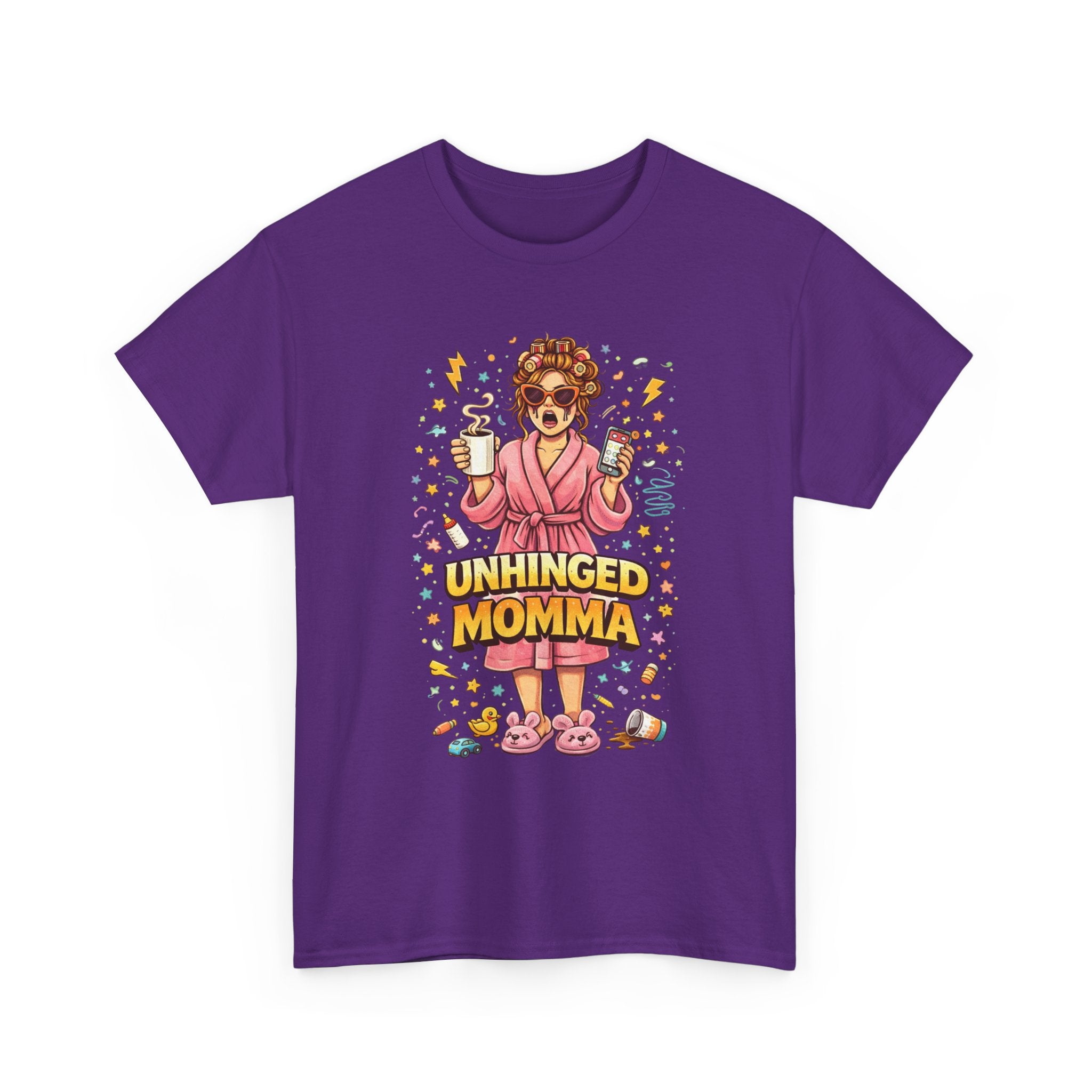 Unhinged Momma T-Shirt | Funny Mom Cartoon, Coffee Wine, Spa Robe Graphic