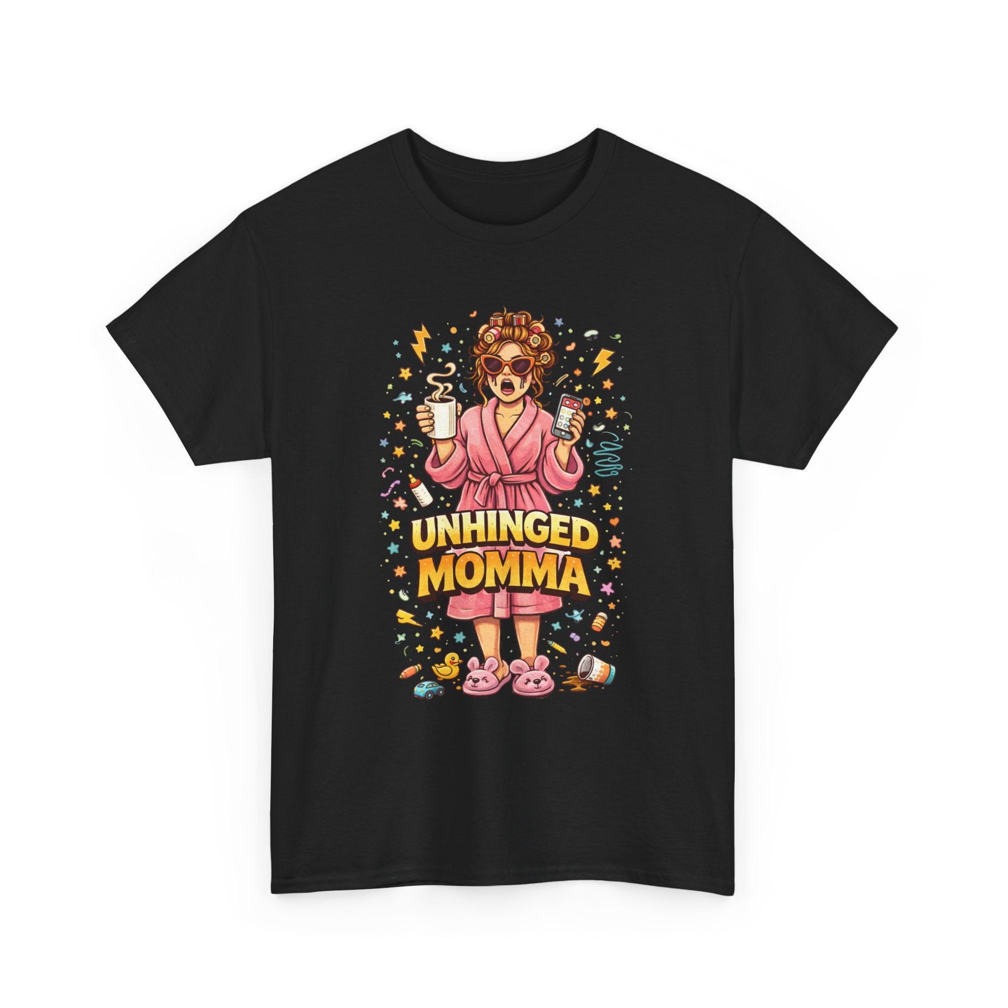Unhinged Momma T-Shirt | Funny Mom Cartoon, Coffee Wine, Spa Robe Graphic