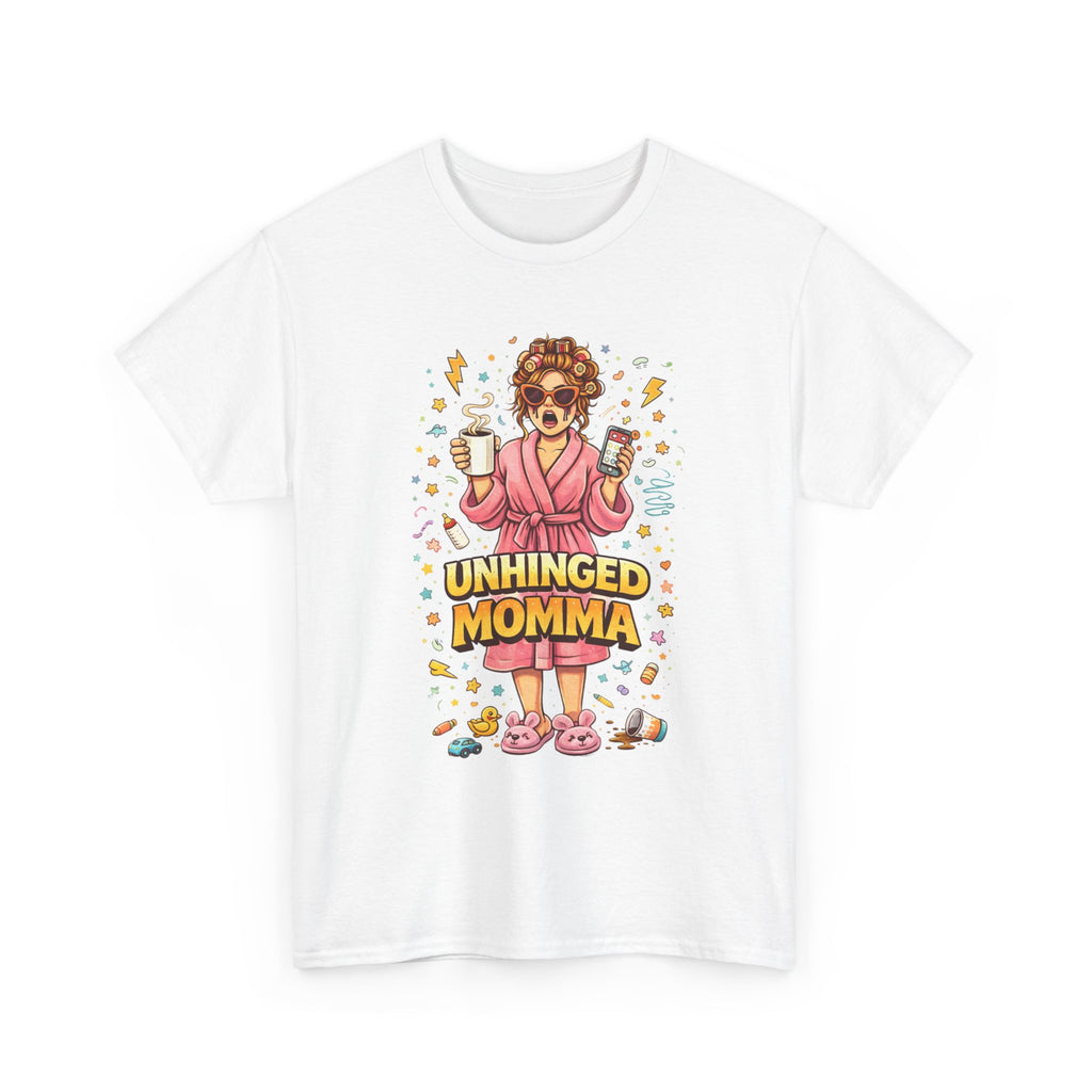 Unhinged Momma T-Shirt | Funny Mom Cartoon, Coffee Wine, Spa Robe Graphic