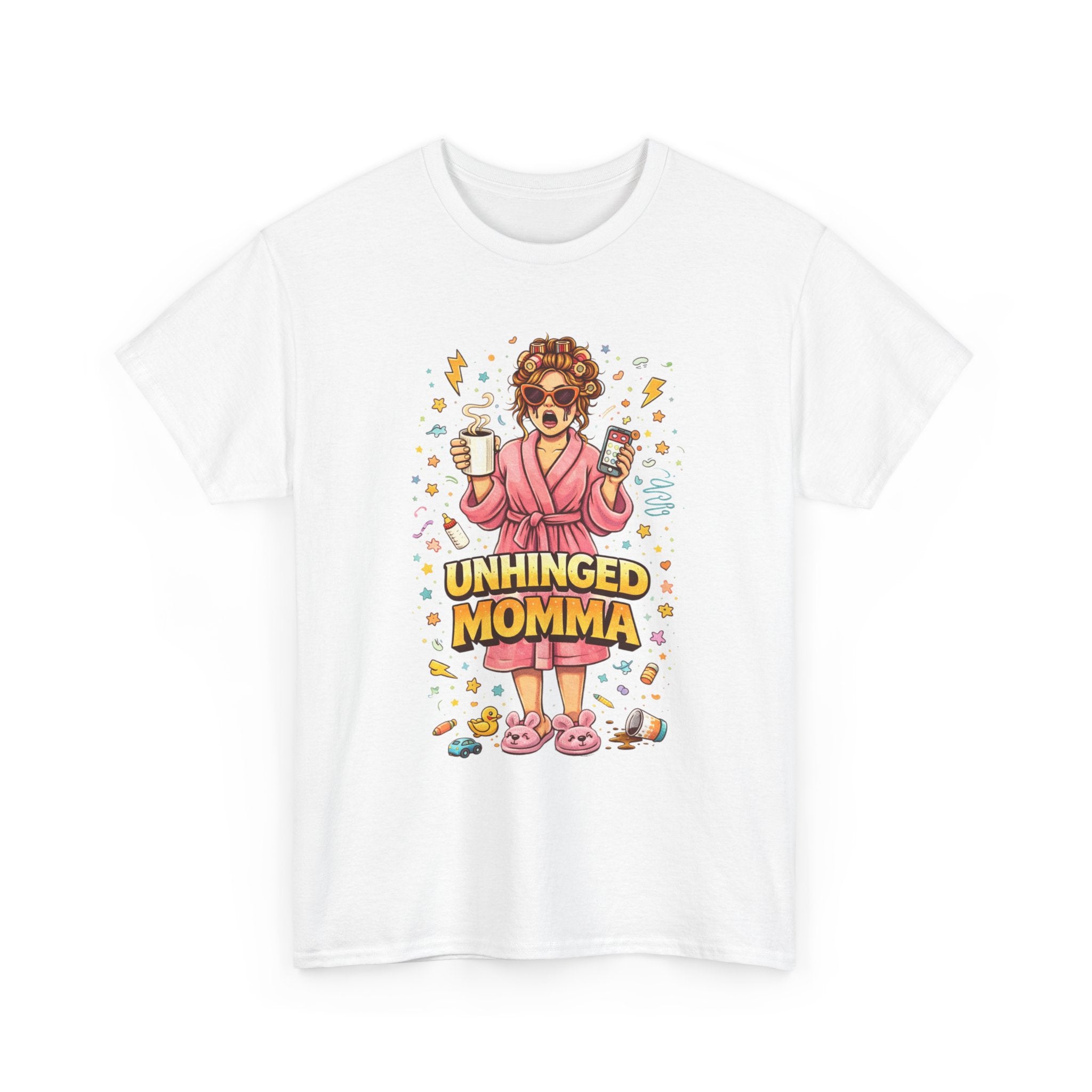 Unhinged Momma T-Shirt | Funny Mom Cartoon, Coffee Wine, Spa Robe Graphic