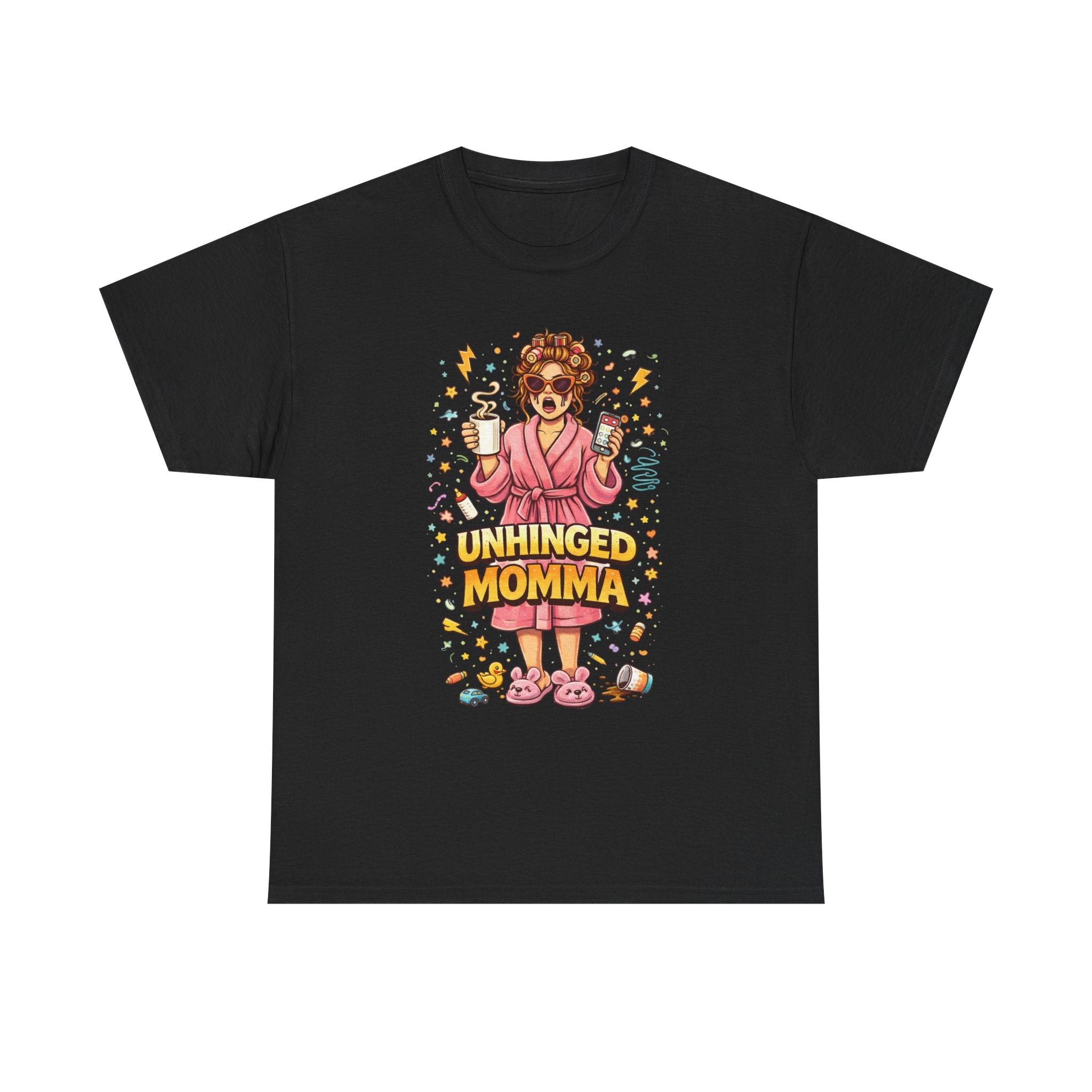 Unhinged Momma T-Shirt | Funny Mom Cartoon, Coffee Wine, Spa Robe Graphic