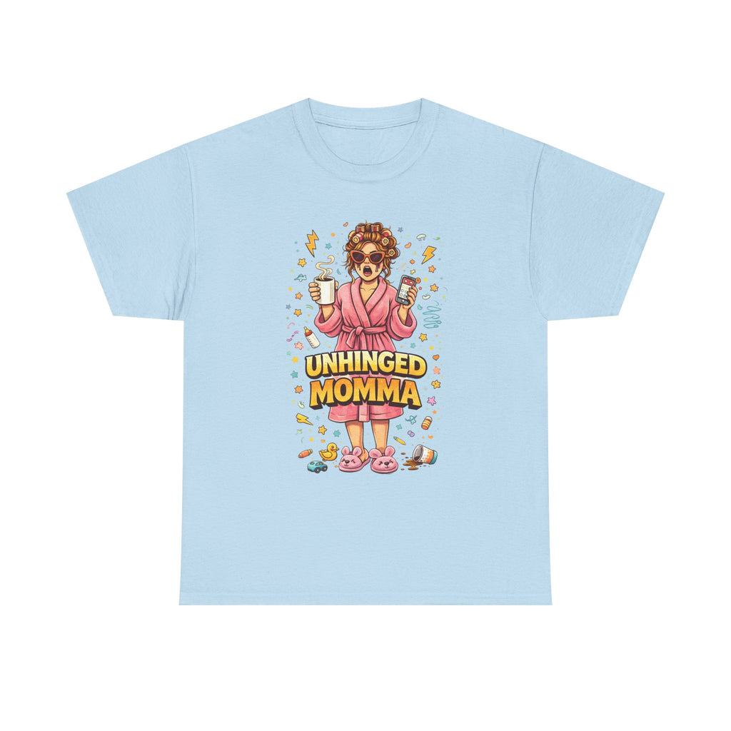 Unhinged Momma T-Shirt | Funny Mom Cartoon, Coffee Wine, Spa Robe Graphic
